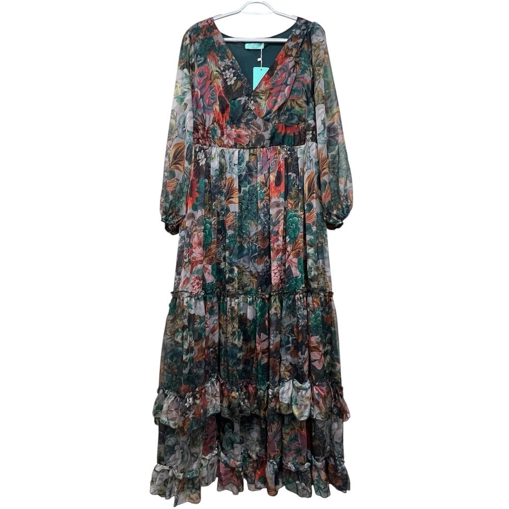 Toleen Floral Maxi Dress 3XL Tiered Chiffon Long Sleeve Lined V Neck